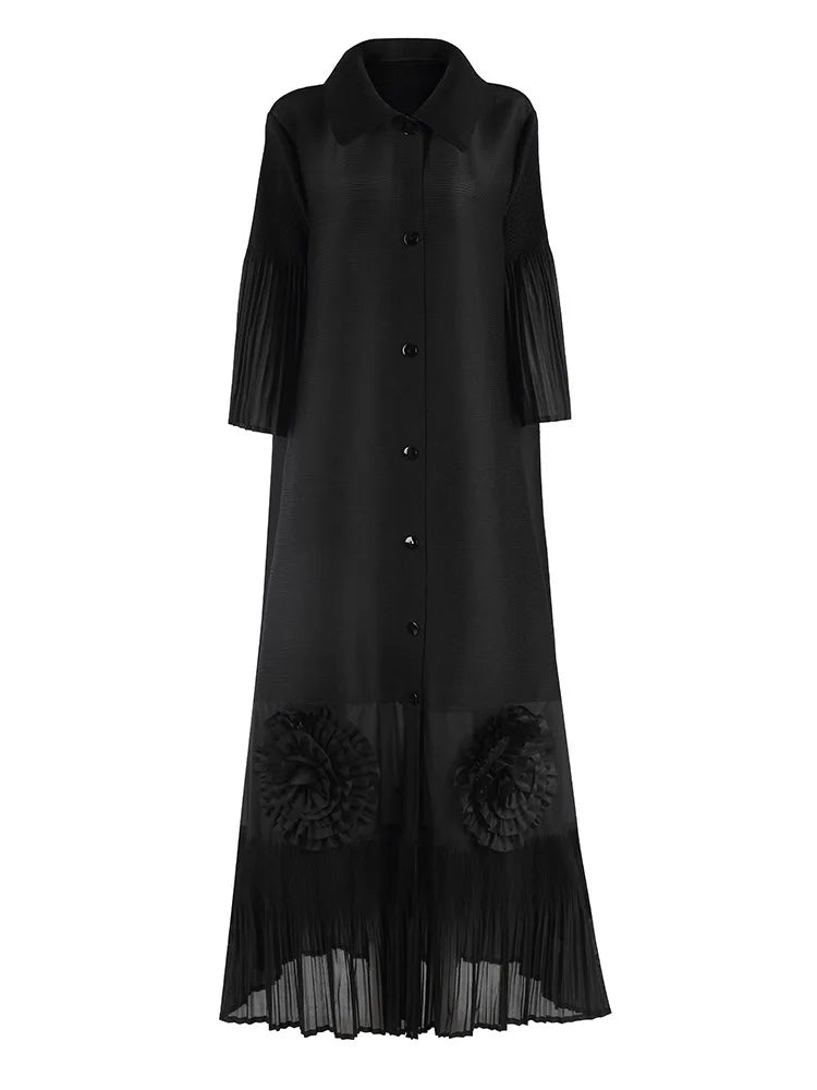 🍒Loose women's dress high-end chic lapel outfit with flared sleeves 3d floral fashion maxi  single breasted coat dress party occasion wear Flowers At Your Feet frock