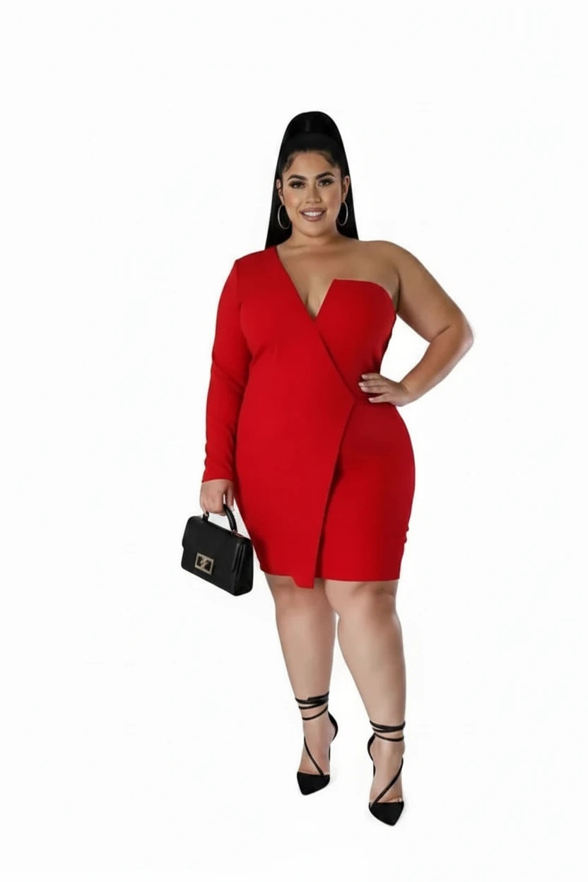 🍒One shoulder plus size dress wedding guest party outfit women v-neck single long sleeve solid suit dress mini occasion clothing Be Redy And Fresh In A Cool Dress