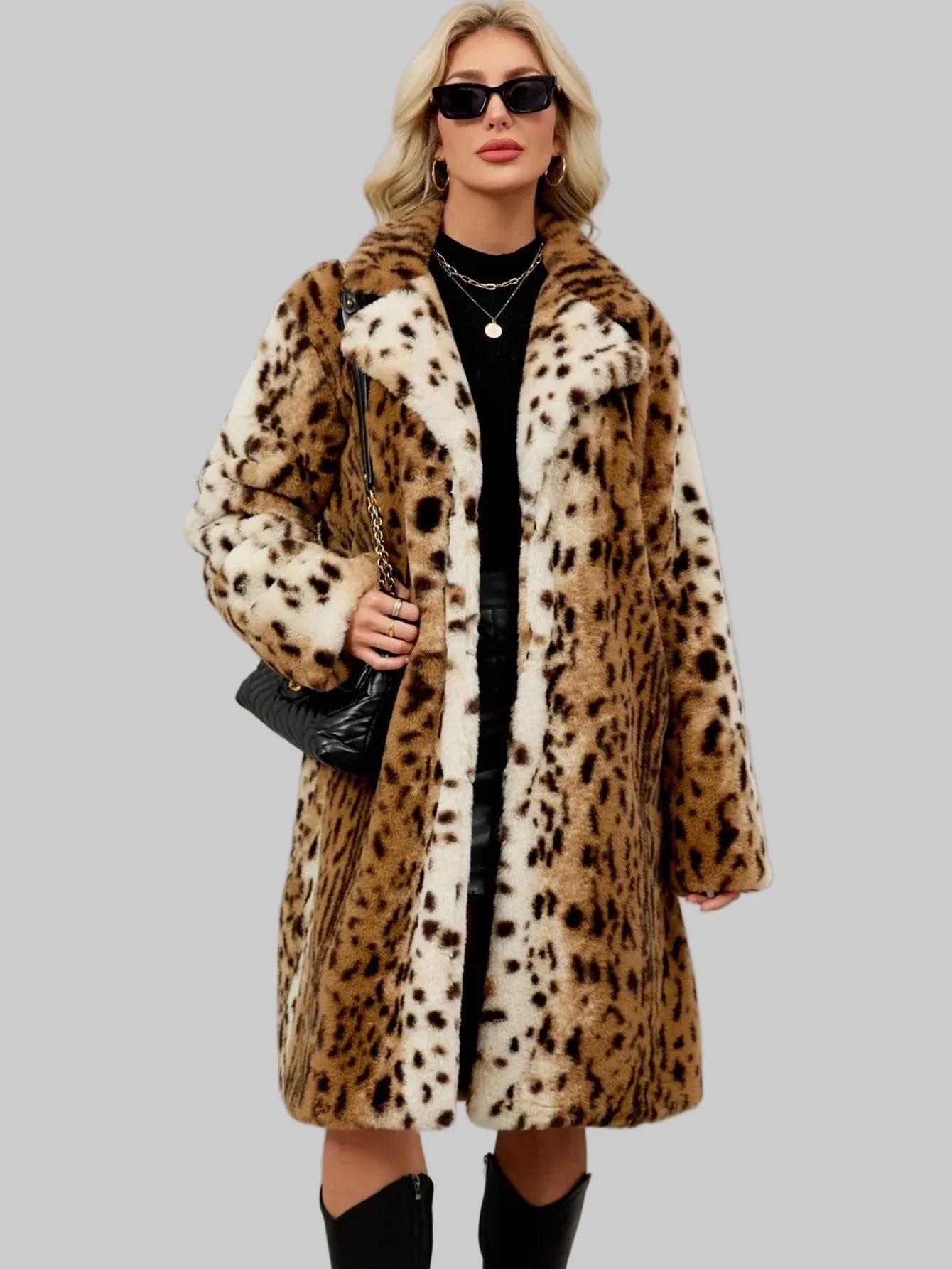 🍒Faux fur coat leopard long Jacket with lapel animal print outerwear fashion long sleeve overcoat women single breasted straight fit smart casual autumn winter wear Animate Your Style
