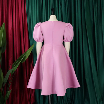 🍒Elegante rokke vir dames met O-nek, kortmoue, uitrusting vir verjaarsdagpartytjie, hoë middellyf, geplooide pofmoue, vrouemodemode, geleentheidsdrag, aandpartytjiedrag, middelkalf, luukse B'day Bopper Beauty Babe