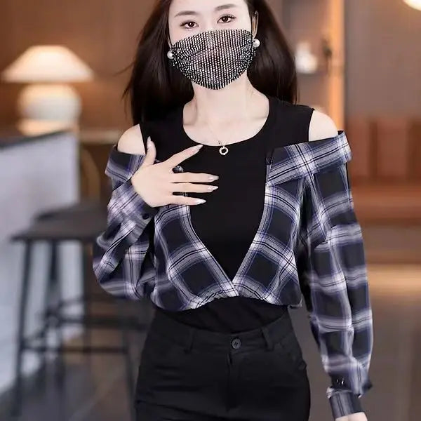 🍒 女式假两件衬衫棉质衬衫露肩上衣酷炫蓝条纹衬衫 女性独特潮流青春款