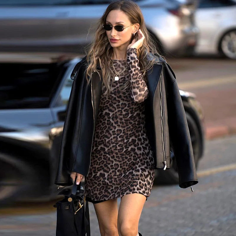 🍒Leopard print long sleeve mini dress party club wear animal print mesh outfit sheer occasion wear Get Your Junk In A Jungle