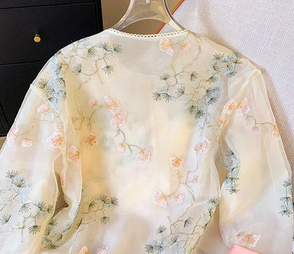 🍒Shirt jacket for women Light outer for women chinese style jacket chiffon embroidery Jacquard tie light cover up sunscreen cardigan Summer beach coverup for occasion and casual coverup See Through The Day