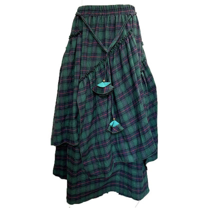 🍒Womens checked long skirt high waist long maxi tartan vintage clothing spring autumn fashion asymmetric flared skirts Get Out Green And Get Out Green