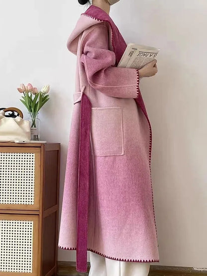 🍒Pienk wolmengseljas met kap en gordel, stylvolle winteroorjas, kleurvolle moderne modejas, slim gemaklike buiteklere, vroue lyk soos lekkergoed in vlokkie-wol
