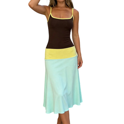 🍒Spaghetti strap tank dress short contrast colour dress for women fashion outfit sleeveless a-line vacation clothing beachwear holiday clothing casual summer wear Get CHOCO BLOCK compliments with this COLOUR dress