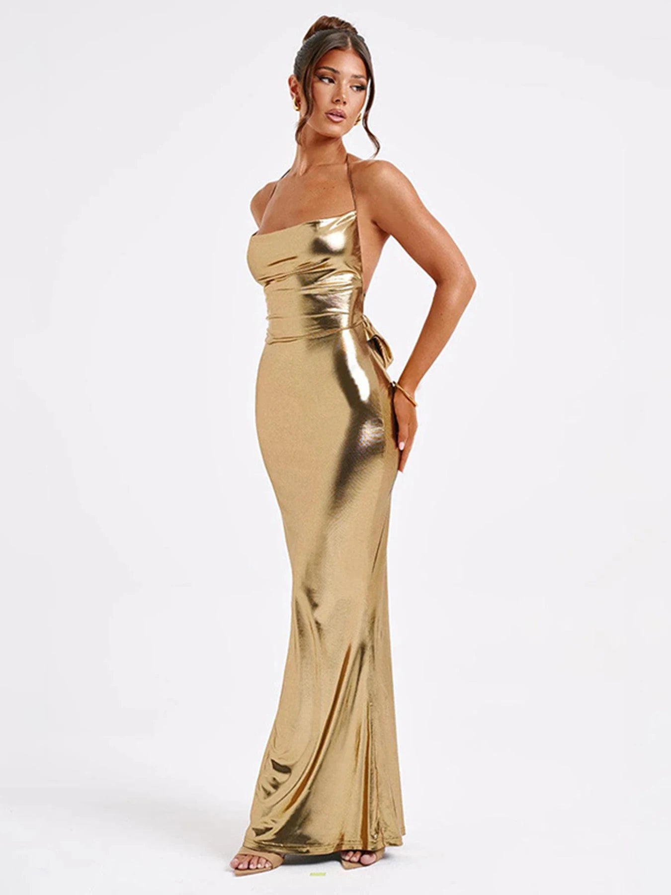 🍒Womens gold backless dress halter neck summer sleeveless party wear spaghettii  straps maxi dress solid metalic outfits ladies occasion clothing