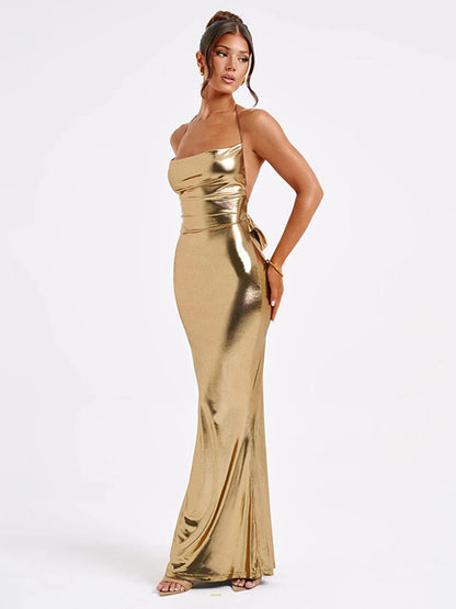 🍒Womens gold backless dress halter neck summer sleeveless party wear spaghettii  straps maxi dress solid metalic outfits ladies occasion clothing