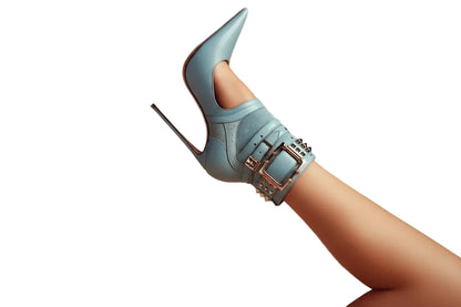 🍒Studded buckle strap cut-out sandal boot shoes womens stiletto splicing pointed toe high heels blue faux leather ankle boots lady edgy luxe footwear for occasion party Booboo Beauty Blue