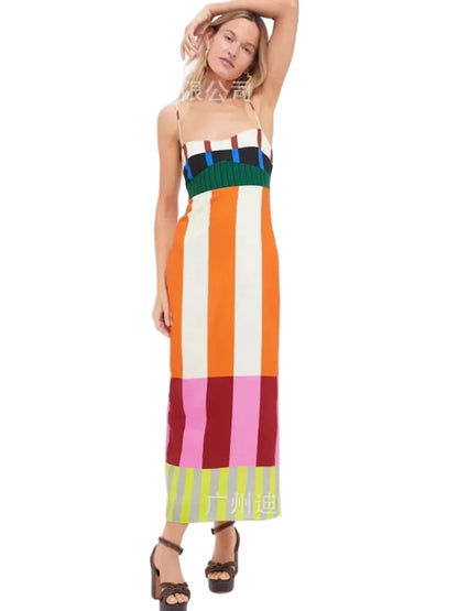 🍒 Kleurvolle Hoë middel maxi gestreepte rok mode slim gemaklike elegante party geleentheiddrag lang uitrusting vroue spaghetti-band boheemse somermode Hierdie vier strepe sal koppe laat draai