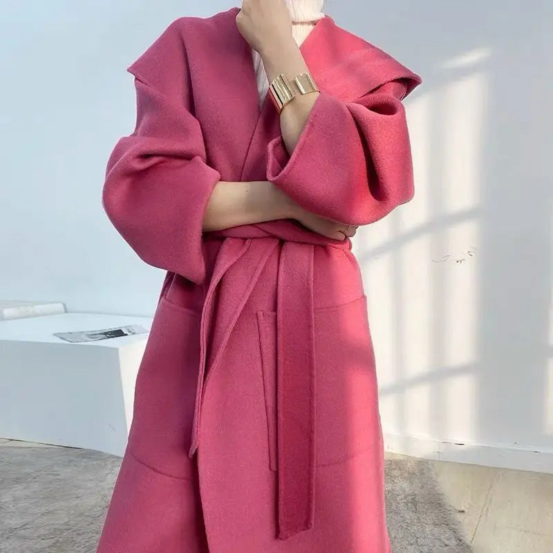 🍒Loose winter coat women solid over coat for women wool hooded coats trendy outerwear oversize vintage female elegant sash and pocket warm street fashion Wrap This Up