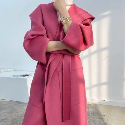 🍒Loose winter coat women solid over coat for women wool hooded coats trendy outerwear oversize vintage female elegant sash and pocket warm street fashion Wrap This Up