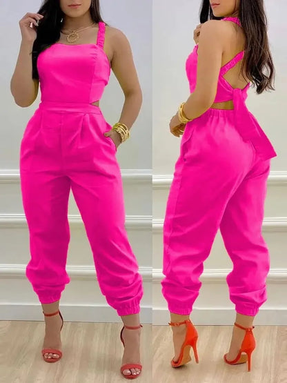 🍒Summer printed jumpsuit backless with straps fashion sleeveless one piece casual wear womens romper outfit with bows pocket trousers Overall Colourful Cool