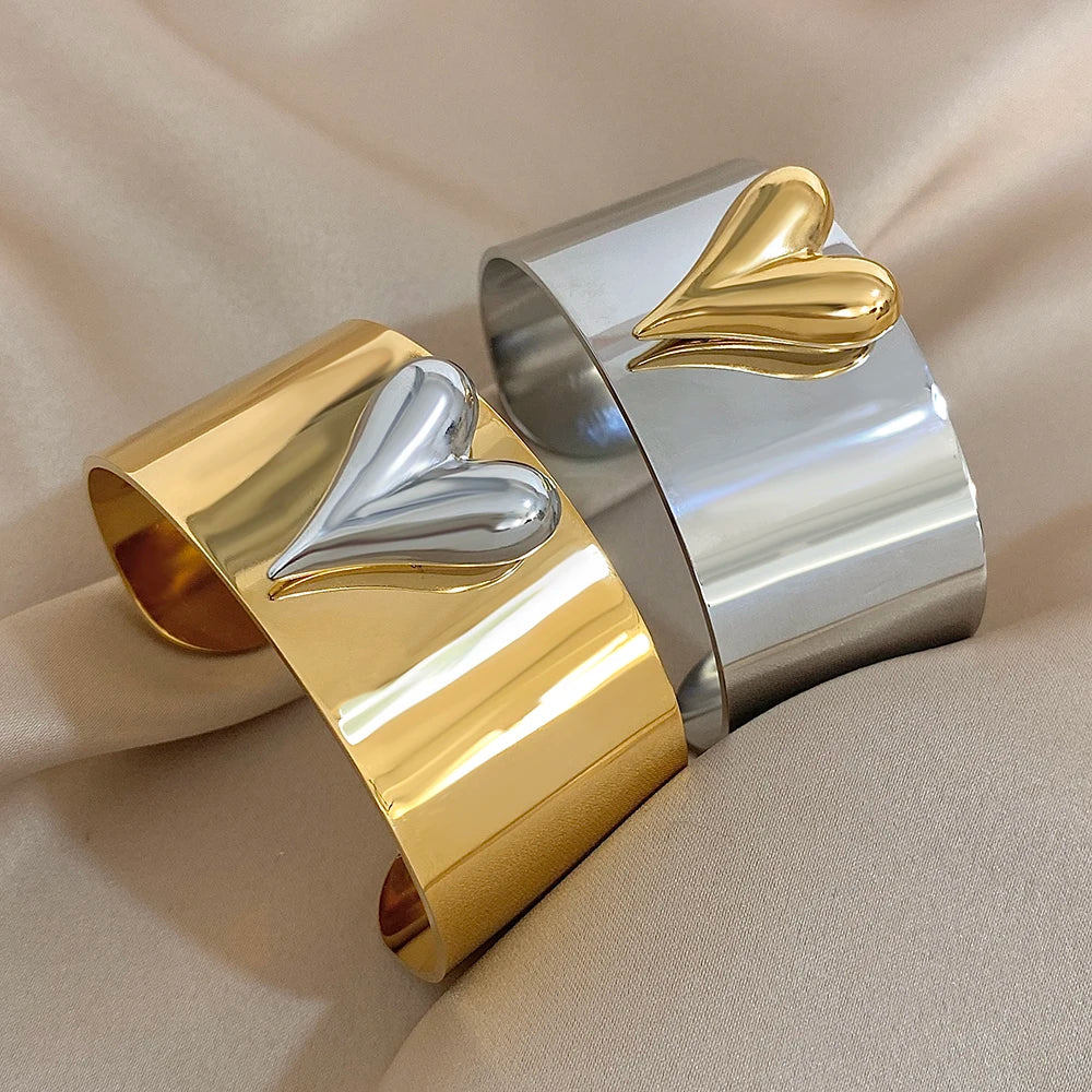 🍒Stainless steel wide bracelet women's bangle with heart gold matching ring available silver colour bracelet waterproof teen gift 316 quality fashion Jewellery smart casual Your Heart is Beating For A Love Bangle