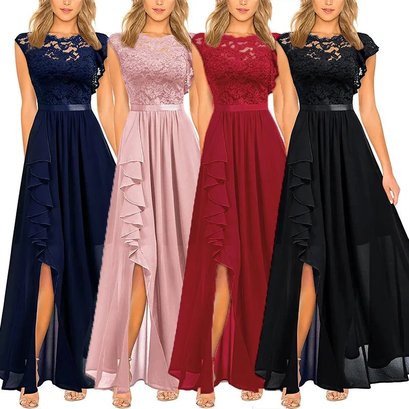 🍒Women's banquet dresses long lace bridesmaid wear evening wear lace maxi outfit dress satin sleeveless with split party occasion wear