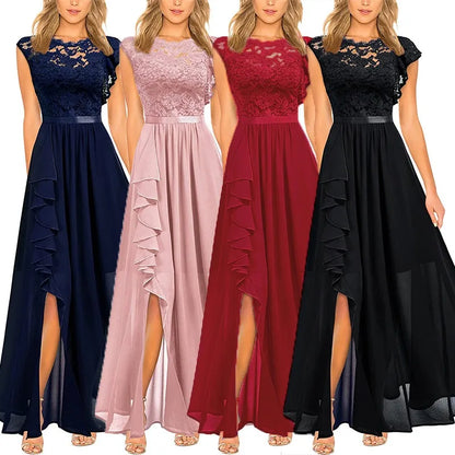 🍒Women's banquet dresses long lace bridesmaid wear evening wear lace maxi outfit dress satin sleeveless with split party occasion wear