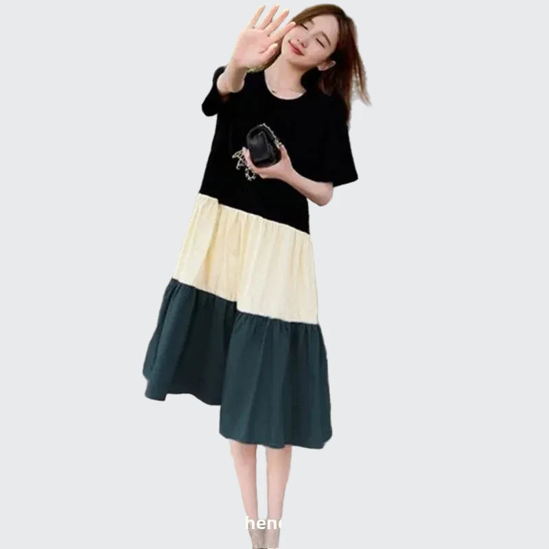🍒T-shirt dress women colour block outfit loose fit plus size summer fashion stripe clothing stylish medium length over knee a-line fashion wear holiday wear Blocks Of Style