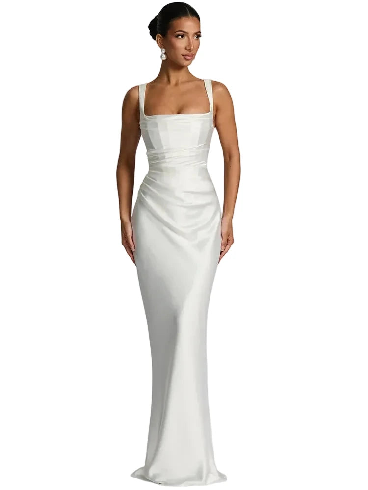 🍒Satin backless sleeveless long dress satin maxi outfits for women spaghetti straps lace-up back bodycon club wear party occasion clothing  Kool kiwi