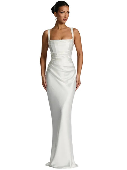 🍒Satin backless sleeveless long dress satin maxi outfits for women spaghetti straps lace-up back bodycon club wear party occasion clothing  Kool kiwi