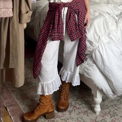 🍒Cottage feetjie wye-pypbroek Y2k esteties 00s retro hoë-middellyf kuitlengte broek Vintage sitkamer lospas gerimpelde soom broek vroulike modeklere vir vroue Kom knus in 'n feetjiehuisie