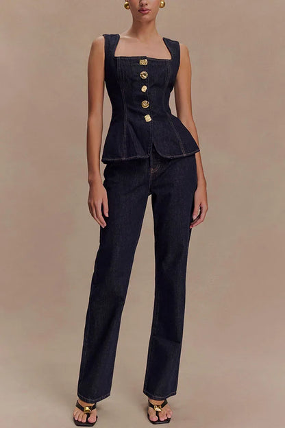 🍒Tweestukstelle vir vroue stukstelle ma-jeans moulose denimtoppies en jeansstel langbroeke hoë middellyf Y2k-styl mode elegante werksklere alles wat pas Kry hierdie enkelbors dubbele denim en jy sal trippel opgewonde wees