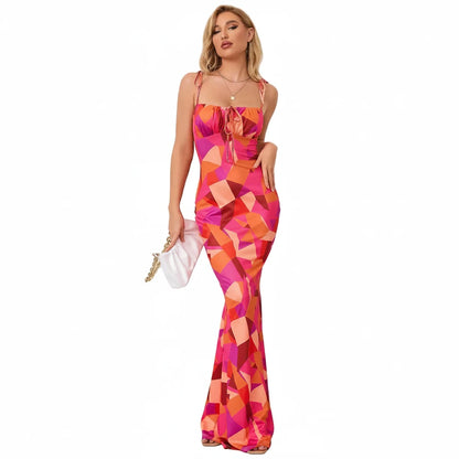 🍒Spaghetti strap foral bodycon  dress with balconette womens flower outfit for summer party club long dresses for women No Fork For This Fish Dish