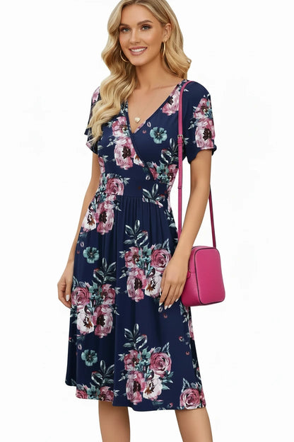 🍒Printed v-neck a-line short sleeve dress floral with high waist over knee outfits for summer womens fashion clothing beachwear holiday clothing A Bunch Of Beautiful Florals