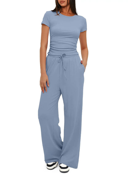 🍒Womens two-piece outfit set fashion pleated short sleeved top casual wear clothing  and matching comfort long high waisted wide leg pants sportswear Sport your style in Slimline