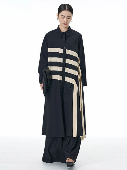 🍒black striped shirt dress women ribbon colour-block big size coat dress a-line with long sleeve and turn down collar fashion smart casual outwear Get A ZEBRA aCROSS a shirt dress cool thING