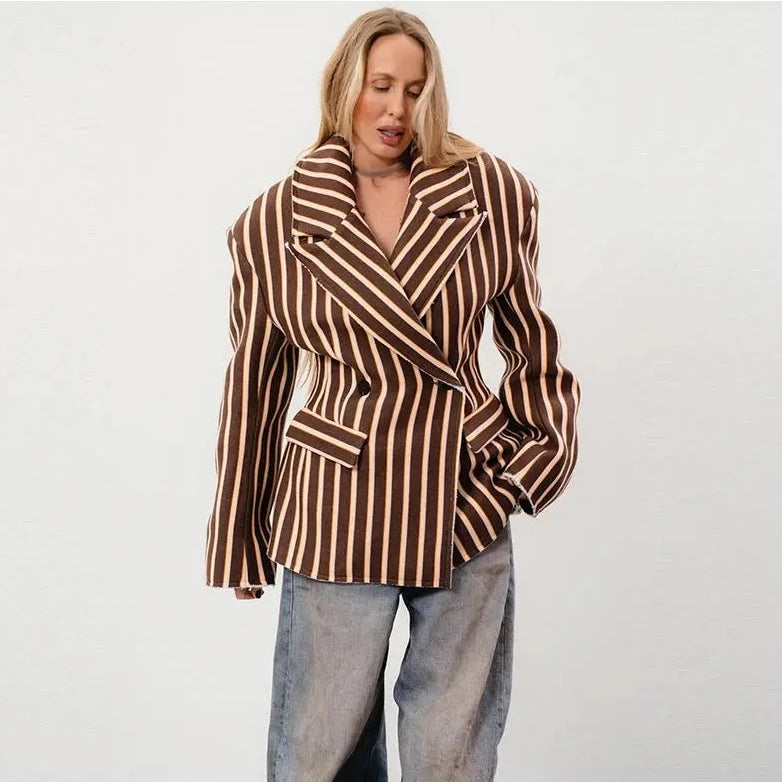 🍒Gestreepte baadjie, volmou-baadjie vir dames met gekerfde lapelkraag, dubbelbors lentejas, mode drag, kantoorklere   Look Sjokolade In Oranje