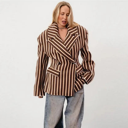 🍒Gestreepte baadjie, volmou-baadjie vir dames met gekerfde lapelkraag, dubbelbors lentejas, mode drag, kantoorklere   Look Sjokolade In Oranje