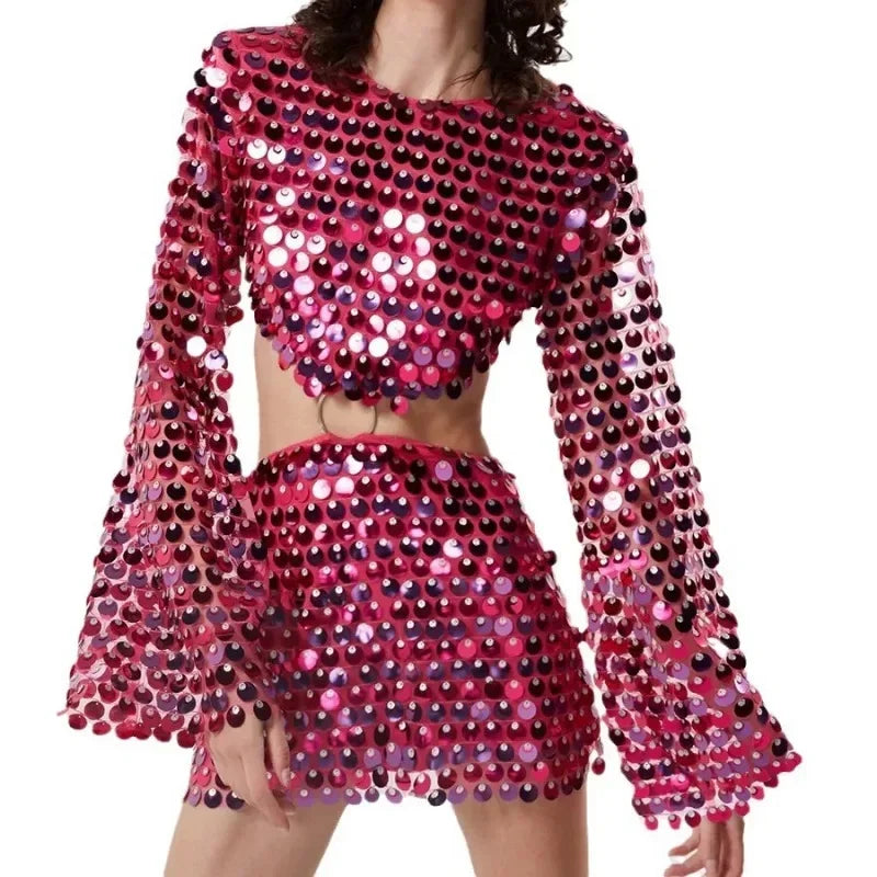 🍒Lente somer uitrustings vroue paillette mini-rok met klokmoue o-nek mode klubdrag partytjie geleentheid drag onreëlmatige klere ONTDEK Paillette Styl