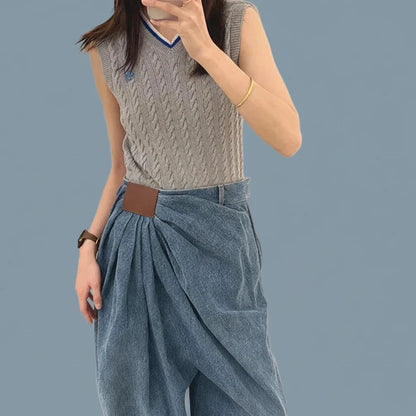 🍒Denim trouser baggy loose pleated casual wide leg jeans women designer mid waist pants washed long casual bottoms Gather Cool