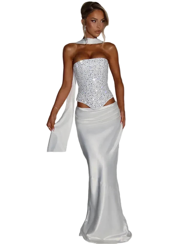 🍒Sequins top and skirt set womens shiny scarf collar with sparkly bodice top with lace up back and satin maxi skirt with fish tail elegant occasion wear club party skirt matching set