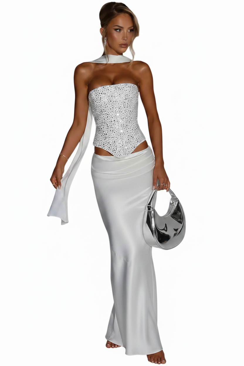 🍒Sequins top and skirt set womens shiny scarf collar with sparkly bodice top with lace up back and satin maxi skirt with fish tail elegant occasion wear club party skirt matching set