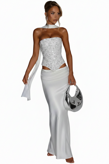 🍒Sequins top and skirt set womens shiny scarf collar with sparkly bodice top with lace up back and satin maxi skirt with fish tail elegant occasion wear club party skirt matching set