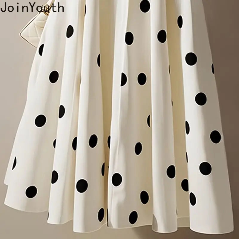 🍒White polka dot skirt midi womens high waist a-line skirt vintage outfit big swing sweet girl  fashion summer clothing smart casual wear Get In The Spotlight With Dots