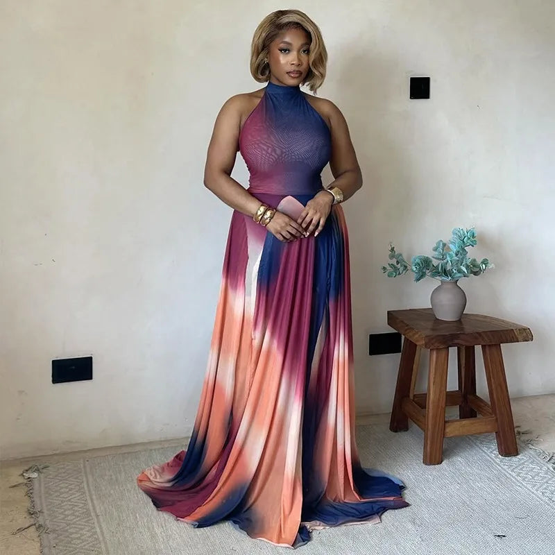 🍒Gradient dress halter neck  occasion partywear clothing sleeveless backless outfits for women pleated a-line long dress, Graceful Gradient