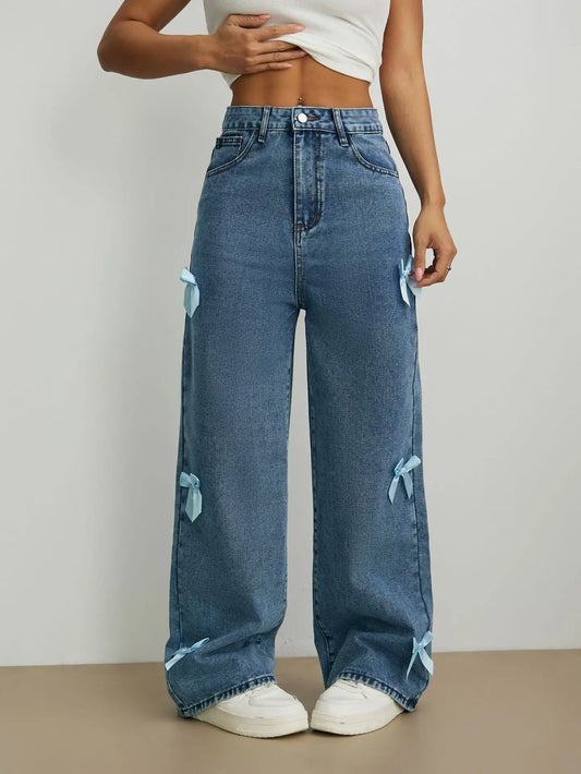🍒Dames wye been jeansbroekie pienk strikkies gewaste hoë middellyf denims noodgemaakte vintage reguit enkel-lengte broek gemaklike denimdrag Jy sal blou wees as jy hierdie soet denim pienk mis