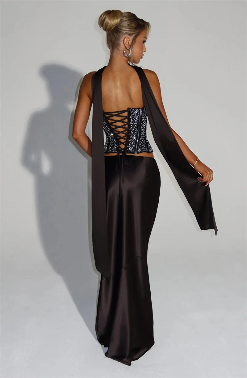 🍒Sequins top and skirt set womens shiny scarf collar with sparkly bodice top with lace up back and satin maxi skirt with fish tail elegant occasion wear club party skirt matching set