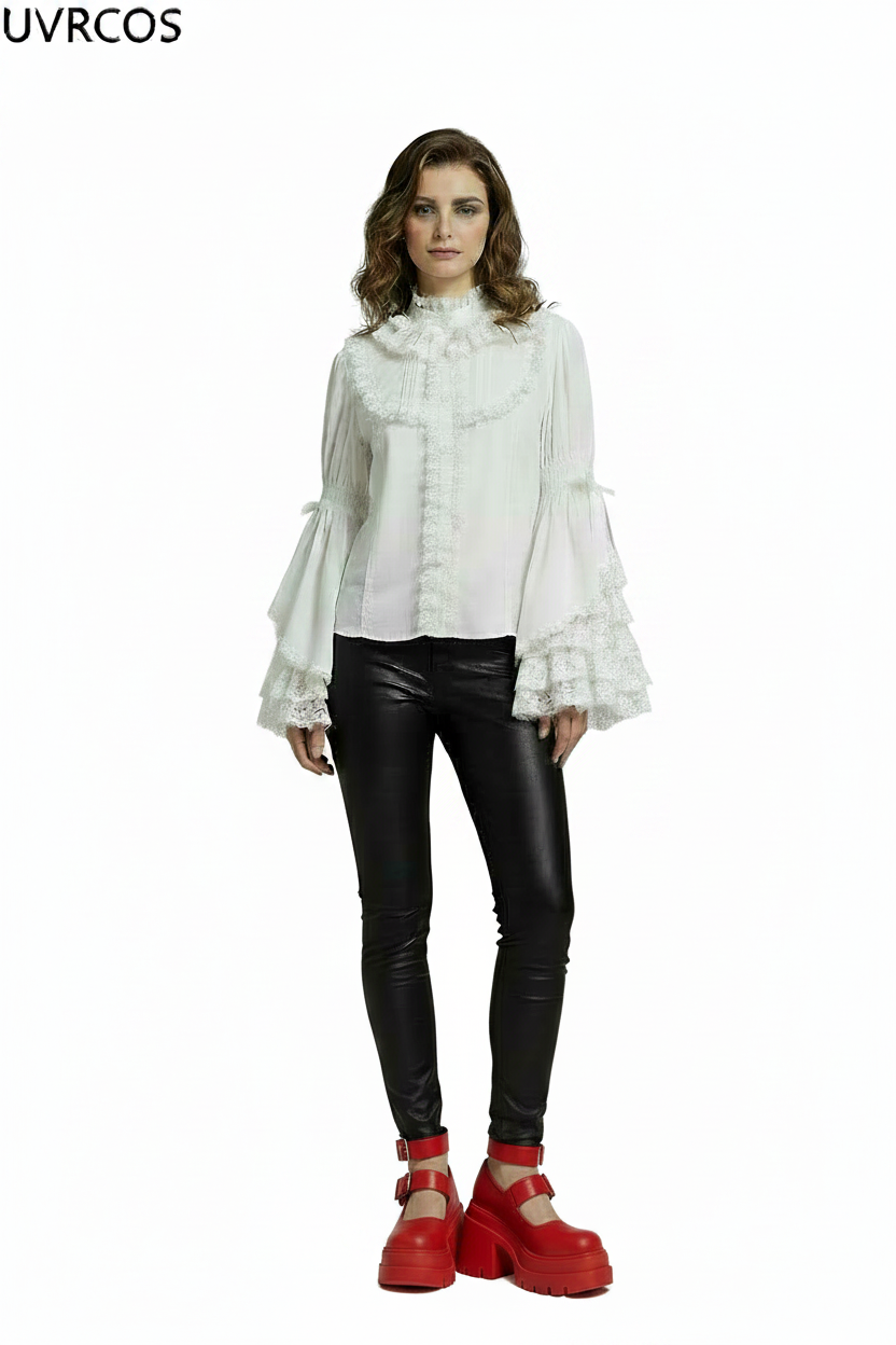 🍒Ruffle flare sleeve shirt with bow on sleeve sweet blouse Y2k aesthetic designer lace patchwork top white loose feminine clothes smart casual party occasion wear Great Simply Ornate