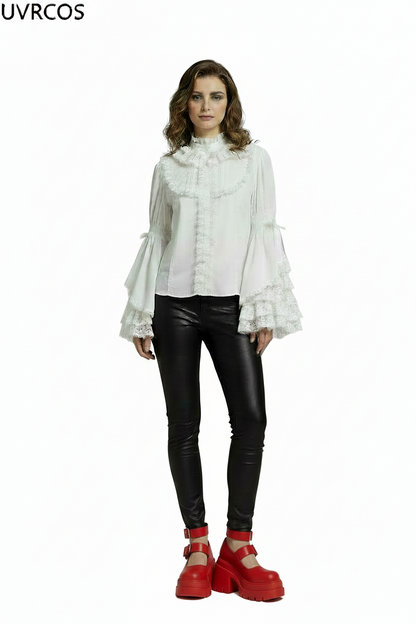 🍒Ruffle flare sleeve shirt with bow on sleeve sweet blouse Y2k aesthetic designer lace patchwork top white loose feminine clothes smart casual party occasion wear Great Simply Ornate