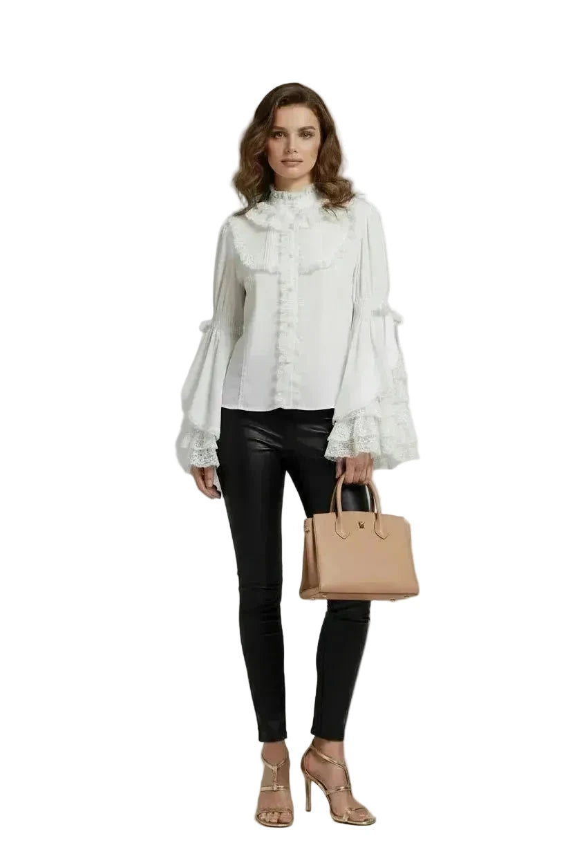 🍒Ruffle flare sleeve shirt with bow on sleeve sweet blouse Y2k aesthetic designer lace patchwork top white loose feminine clothes smart casual party occasion wear Great Simply Ornate