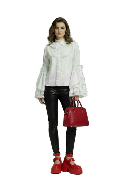 🍒Ruffle flare sleeve shirt with bow on sleeve sweet blouse Y2k aesthetic designer lace patchwork top white loose feminine clothes smart casual party occasion wear Great Simply Ornate