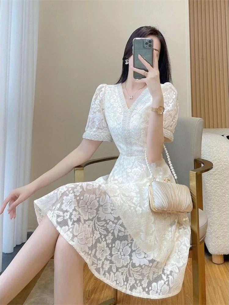 🍒Spesiale geleentheid rokke vir vroue, midi-rok in wit kleur kant, eenstuk elegant sjiek somermode plusgrootte klere