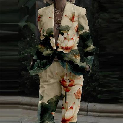 🍒Dames gemaklike pakke twee-stuk losbroekstel damesrevers langmoubaadjie en broekstel blomme modepatroonafdruk uitrusting Lyk asof jy op 'n fotosessie in 'n vrugtige pak is