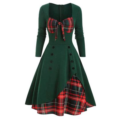 🍒chequered patchwork dress plaid long sleeve a-line midi wrapped Knot Irregular outfit high waist vintage style button down smart casual wear women Check Mate