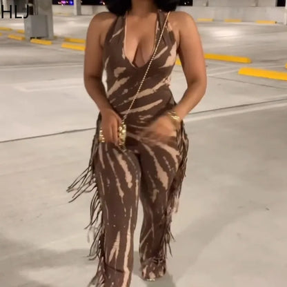 🍒 Bodycon Jumpsuit met kwassies vir vroue, halter-uitrusting, ruglose skraal lang rompers vir vroue, vroue se klubdrag, partytjiedrag, mode. Bederf Jouself Met 'n Sjokoladewervel