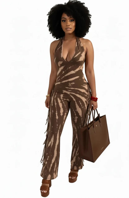🍒 Bodycon Jumpsuit with tassels womens halter outfit backless skinny long rompers for women Female clubwear party wear fashion Treat Yourself To A Chocolate Swirl