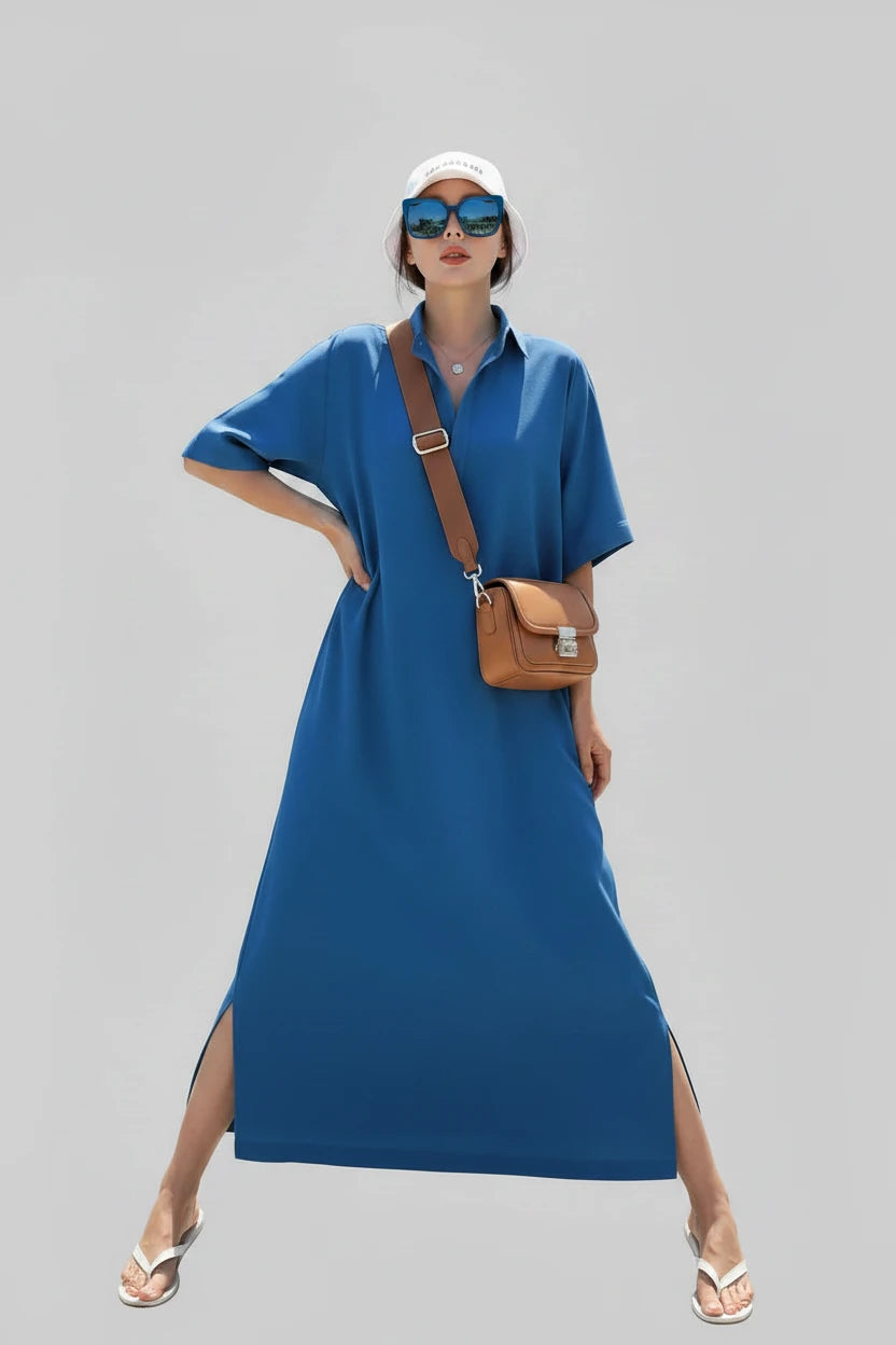 🍒Plus size women's midi (depending on height) short sleeve outfit holiday dress loose long straight outfit with collar casual summer wear straight cut maxi dress Big Basics Up